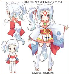  amaterasu_(ookami) artist_name chibi female japanese_clothes kimono looking_at_viewer looking_back mochiya_marosuke multiple_views no_nose okami personification phantom profile simple_background source_request thighhighs translated white_hair wide_sleeves 