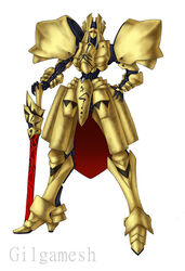  armor character_name fate/stay_night fate_(series) five_star_stories full_body gilgamesh_(fate) hand_on_own_hip holding holding_sword holding_weapon legs_apart looking_at_viewer mecha mechanization no_humans parody red_eyes robot simple_background solo standing sword unsheathed weapon white_background zou_azarashi 