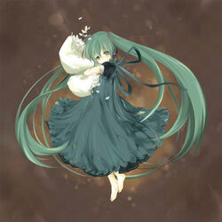  aged_down aqua_hair bad_id bad_pixiv_id barefoot bear_(artist) dress feathers female hatsune_miku highres long_hair pillow solo twintails very_long_hair vocaloid 