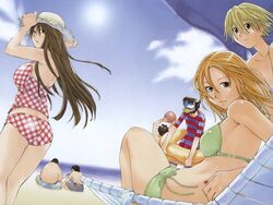  2girls 5boys beach bikini blonde_hair brown_hair chair day diving_mask everyone genshiken goggles hat highres innertube kasukabe_saki kio_shimoku kousaka_makoto kugayama_mitsunori long_hair lounge_chair madarame_harunobu mole mole_under_eye mole_under_mouth multiple_boys multiple_girls official_art official_wallpaper ohno_kanako outdoors plaid plaid_bikini sasahara_kanji side-tie_bikini_bottom snorkel straw_hat swim_ring swimsuit tanaka_souichirou 