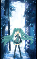  bear_(artist) blue_eyes blue_hair female forest hatsune_miku long_hair nature outdoors solo thighhighs twintails very_long_hair vocaloid zettai_ryouiki 