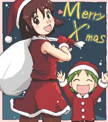  2girls 4040_(abonriya) ayase_fuuka brown_hair christmas hat koiwai_yotsuba lowres multiple_girls oekaki pantyhose santa_costume santa_hat thick_eyebrows thighhighs yotsubato! 