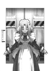  apron ascot bad_anatomy bracelet breasts closed_eyes closed_mouth cowboy_shot door dress facing_viewer female gloves greyscale highres jewelry long_hair long_sleeves maid maid_headdress medium_breasts monochrome owari_no_chronicle parted_bangs satoyasu sf_(owari_no_chronicle) smile solo standing 