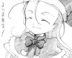  ^_^ bow capelet christmas closed_eyes elise_von_dietrich female fur_trim gofu greyscale hair_between_eyes hat light_smile long_hair monochrome santa_costume sketch sky_girls solo traditional_media translation_request upper_body 