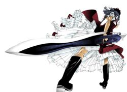  boots colorized commentary_request dress dual_wielding dutch_angle female frills from_behind from_below full_body grey_hair hat holding huge_weapon knee_boots kneehighs kneepits knife mawari_madoka md5_mismatch oogure_ito short_hair socks solo standing sword tenjou_tenge transparent_background weapon 