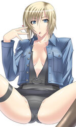  aya_brea black_panties blonde_hair blue_eyes female kansuke mouth_hold no_bra open_clothes open_shirt panties parasite_eve parasite_eve_ii shirt short_hair solo spread_legs thigh_strap underwear unzipped 