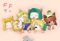  1boy 5girls agrias_oaks alma_beoulve animal_ears cat_ears chibi commentary_request final_fantasy final_fantasy_tactics frog kasema_yukinari kemonomimi_mode marach_galthena md5_mismatch meliadoul_tengille milleuda_folles multiple_girls rapha_galthena reis_duelar 