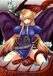  angel_wings blonde_hair breath_of_fire breath_of_fire_ii dragon dress feathered_wings female green_eyes heizo legs long_hair mouth_hold nina_(breath_of_fire_ii) photoshop_(medium) purple_wings side_slit solo wings 