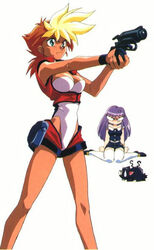  1990s_(style) 2girls breasts choker dark-skinned_female dark_skin dirty_pair dirty_pair_flash dyed_bangs gun kei_(dirty_pair_flash) kimura_takahiro multiple_girls official_art retro_artstyle sleeveless thighhighs weapon yuri_(dirty_pair_flash) 