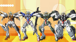  armor arms_up bad_id bad_pixiv_id dancing eblmeka full_body green_eyes gun gundam gundam_00 gundam_dynames gundam_exia gundam_kyrios gundam_virtue huge_weapon looking_at_viewer lucky_star mecha motteke!_serafuku multicolored_background no_humans outstretched_arms parody photoshop_(medium) pose robot standing weapon 