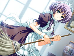  akatsuki_no_goei braid broom female game_cg green_eyes maid purple_hair solo tomose_shunsaku tsuki_(akatsuki_no_goei) twin_braids 