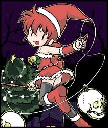  christmas commentary_request dress female futaba_channel looking_back lowres md5_mismatch no_nose oekaki panties ponytail red_hair santa_costume shitai_(shitaiya) shitaiya skull solo strapless strapless_dress thighhighs tree underwear 