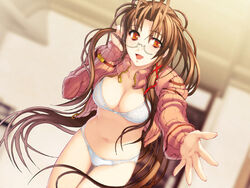  bra breasts brown_hair cleavage female game_cg glasses hair_ribbon hanawa_momiji jingai_makyou large_breasts leaning_forward lingerie long_hair nishii_(damnedrive) no_pants open_clothes open_shirt orange_eyes panties ribbon shirt smile solo underwear very_long_hair white_bra white_panties 