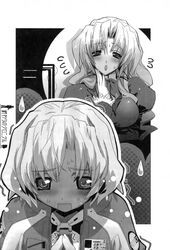  2girls blush breasts close-up dark-skinned_female dark_skin diana_zonburg expressionless greyscale heo_thunderson highres large_breasts long_sleeves looking_at_viewer looking_back monochrome multiple_girls owari_no_chronicle satoyasu sweatdrop upper_body 