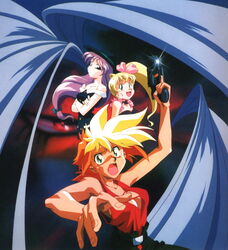  1990s_(style) 3girls blonde_hair dark-skinned_female dark_skin dirty_pair dirty_pair_flash dyed_bangs gun kei_(dirty_pair_flash) long_hair low-tied_long_hair multiple_girls official_art retro_artstyle short_hair weapon yuri_(dirty_pair_flash) 