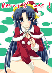  bad_link bottomless capelet christmas covering_crotch covering_privates dress female fur_trim hat long_sleeves looking_at_viewer mamoru-kun_ni_megami_no_shukufuku_wo! nagami_yuu pom_pom_(clothes) red_capelet red_dress santa_costume santa_hat simple_background sitting solo takasu_ayako thighs yokozuwari 