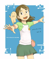  :d cowboy_shot dennou_coil female glasses green_skirt hashimoto_fumie miniskirt open_mouth outstretched_arms oyaji_(dennou_coil) raglan_sleeves shirt short_hair skirt smile solo wristband 