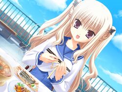  blonde_hair bra-ban! chopsticks dutch_angle female game_cg hibarigaoka_yuki long_hair lunch mole mole_under_eye muririn purple_eyes rooftop school_uniform solo twintails 