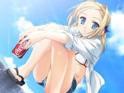  akino_takehiko bettou_izumi-shizuka_scarlett bikini blonde_hair blue_eyes blue_shorts blue_sky can cloud cloudy_sky coca-cola cutoffs day denim denim_shorts drink drink_can feet female flat_chest flip-flops game_cg holding holding_can looking_at_viewer outdoors sandals scarlett short_hair short_shorts shorts sky soda_can solo squatting summer_uniform swimsuit 