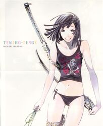  black_hair black_panties camisole crease female flat_chest flower grey_eyes highres mawari_madoka midriff navel oogure_ito panties rose scan short_hair side-tie_panties skull skull_and_crossbones smile solo standing sword tenjou_tenge thigh_strap underwear weapon 