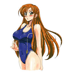  ashford_academy_swimsuit blush breasts code_geass competition_swimsuit female fujimoto_satoru green_eyes large_breasts long_hair looking_at_viewer one-piece_swimsuit open_mouth orange_hair photoshop_(medium) shirley_fenette single_vertical_stripe solo standing swimsuit wet 