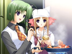  2girls blonde_hair bow chopsticks cooking crustacean flipping_food food frying_pan game_cg green_hair kitchen_knife knife mother_and_daughter multiple_girls necktie peeling pink_bow potato ribbon santoku_knife shigure_ama shigure_asa shrimp shuffle! stove suzuhira_hiro 