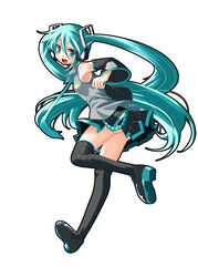  aqua_hair bad_link female hatsune_miku long_hair looking_back mikage_baku no_panties photoshop_(medium) smile solo thighhighs twintails very_long_hair vocaloid 