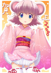  2008 :p animal_ears blue_eyes chinese_zodiac copyright_request female japanese_clothes kimono mouse_ears new_year obi photoshop_(medium) pink_hair pink_kimono sash short_hair solo thighhighs tongue tongue_out tonk translation_request yamabuki_zarame year_of_the_rat 