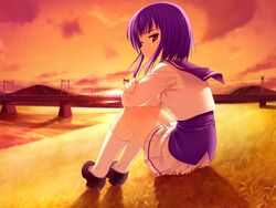  bra-ban! bridge female game_cg kobuichi mikage_sumi outdoors power_lines purple_hair railroad_tracks river school_uniform short_hair sitting solo sun sunset 