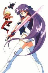  1990s_(style) 2girls blue_eyes boots breasts choker dark-skinned_female dark_skin dirty_pair dirty_pair_flash dyed_bangs energy_sword gun kei_(dirty_pair_flash) kimura_takahiro long_hair multiple_girls purple_hair retro_artstyle sleeveless sword thighhighs weapon white_background yuri_(dirty_pair_flash) 