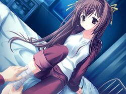  bandages bed blush bra-ban! brown_eyes brown_hair dutch_angle female game_cg gym_uniform hair_ribbon kobuichi long_hair nakanoshima_tae ribbon sitting solo_focus 