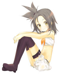  bare_arms bare_shoulders bear_(artist) boots brown_eyes crop_top female grey_hair hair_ornament looking_to_the_side midriff original simple_background sitting solo thigh_boots thigh_strap thighhighs white_background yellow_eyes 