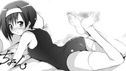  ass bed blush ef_(visual_novel) feet female greyscale hairband kashi legs looking_back lowres lying monochrome no_shoes one-piece_swimsuit school_swimsuit shindou_kei_(ef) short_hair solo swimsuit thighhighs 