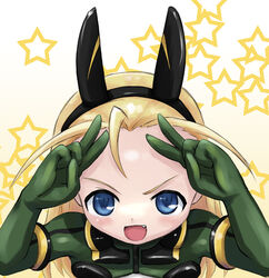  :d animal_ears artist_request black_hairband blonde_hair blue_eyes blush bush double_v elise_von_dietrich fake_animal_ears female forehead gloves gradient_background green_gloves hairband looking_at_viewer motion_slit oerba_yun_fang open_mouth pilot_suit sky_girls smile solo star_(symbol) starry_background v 