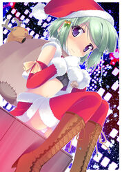  blush boots brown_footwear christmas crop_top cross-laced_footwear dutch_angle elbow_gloves female gloves green_hair hair_ornament hairclip hat holly holly_hair_ornament knee_boots lace-up_boots looking_at_viewer midriff original panties pantyshot photoshop_(medium) purple_eyes reindeer sack santa_costume santa_hat sitting skirt smile solo striped_clothes striped_panties thighhighs underwear yamabuki_zarame zipper 