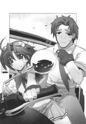  1boy female greyscale highres izumo_kaku kazami_chisato monochrome motor_vehicle motorcycle owari_no_chronicle satoyasu 