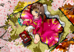  bento blue_eyes brown_hair cherry_blossoms female japanese_clothes kimono mat original solo syoujoscript 