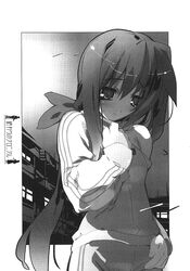  blush bow female greyscale highres long_hair monochrome owari_no_chronicle ponytail satoyasu shinjou_sadagiri solo 