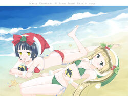  2girls bikini black_hair blonde_hair christmas green_eyes highres kazuto_izumi multiple_girls original photoshop_(medium) santa_bikini santa_costume swimsuit yellow_eyes 