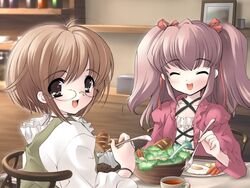  2girls eating game_cg glasses ito_noizi komorebi_ni_yureru_tamashii_no_koe kouenji_ayana multiple_girls ribbon tachibana_koharu 