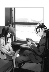  1boy baku_(artist) female greyscale highres kazami_chisato monochrome owari_no_chronicle sayama_mikoto shinjou_sadagiri train_interior 