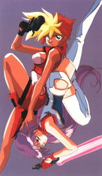  1990s_(style) 2girls blue_eyes boots braid breasts choker dark-skinned_female dark_skin dirty_pair dirty_pair_flash dyed_bangs energy_sword gloves gun kei_(dirty_pair_flash) kimura_takahiro long_hair multicolored_hair multiple_girls official_art purple_hair retro_artstyle simple_background sleeveless sword tan thighhighs weapon yuri_(dirty_pair_flash) 