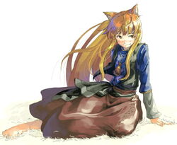  animal_ears barefoot female holo long_hair myu_(neorosi) oerba_yun_fang red_hair solo spice_and_wolf wolf_ears 