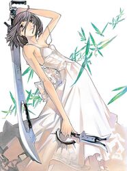  arched_back arm_up asymmetrical_dual_wielding bare_arms dress dual_wielding fairy female flat_chest frown grey_eyes grey_hair highres holding leaning lipstick makeup mawari_madoka md5_mismatch multiple_weapons no_bra oogure_ito photoshop_(medium) sad short_hair solo standing strap_slip sword tenjou_tenge weapon 