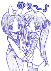  2girls hiiragi_kagami hiiragi_tsukasa lucky_star matsubara_ryuu monochrome multiple_girls photoshop_(medium) purple_theme siblings sisters thighhighs 