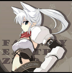  animal_ears armlet blue_eyes blush breasts cat_ears commentary_request fantasy_earth fantasy_earth_zero female gauntlets grey_background looking_at_viewer medium_breasts midriff navel ponytail puffy_short_sleeves puffy_sleeves red_scarf scarf scout_(fantasy_earth) scout_(grenadier_outfit)_(fantasy_earth_zero) short_sleeves simple_background solo stomach touya_(the-moon) white_hair 