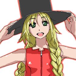  argento_soma blonde_hair braid chiisan female green_eyes hands_on_headwear hands_up harriet_bartholomew hat jaggy_lines long_hair looking_at_viewer lowres oekaki open_mouth orangebox simple_background smile solo straight-on top_hat twin_braids white_background zipper 