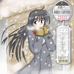  artist_request black_hair blush coat ever_17 female komachi_tsugumi long_hair long_sleeves looking_to_the_side lowres mittens purple_eyes scarf smile snow snowing solo source_request translation_request winter_clothes 