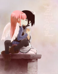  2girls angel angel_and_devil bad_id black_hair couple gothic_lolita highres kissing leg_lock lolita_fashion misha_(pita_ten) multiple_girls pantyhose photoshop_(medium) pink_hair pita_ten shia_(pita_ten) toweringman wings yuri 