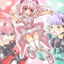  3girls ach bad_id bad_pixiv_id busou_shinki commentary dd_(ijigendd) doll_joints joints multiple_girls panties pink_hair schmetterling striped_clothes striped_panties thighhighs underwear yda 